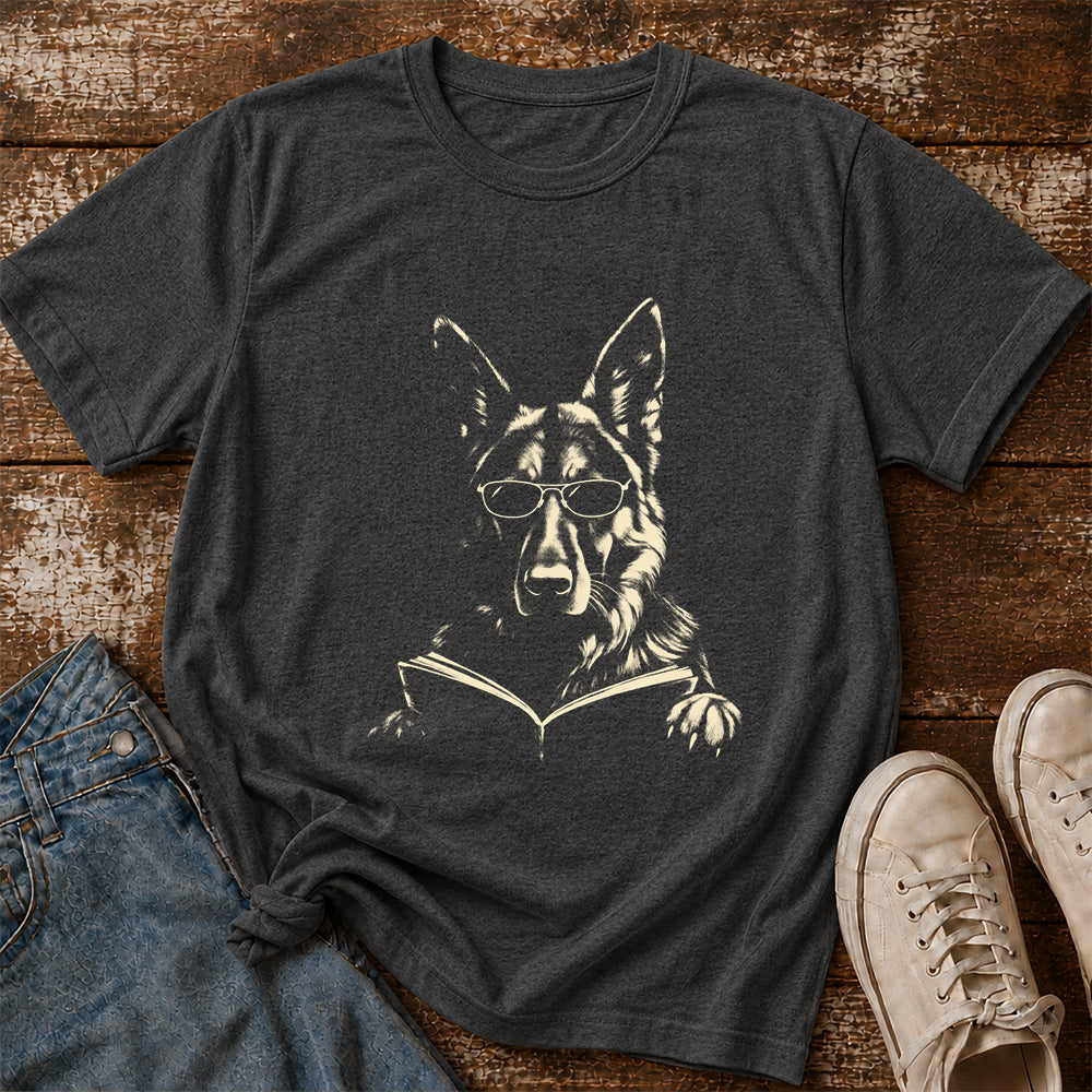 German Shepherd Reading Book Softstyle T-Shirt | Book Lover Gift Dark Heather
