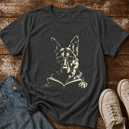 German Shepherd Reading Book Softstyle T-Shirt | Book Lover Gift Dark Heather