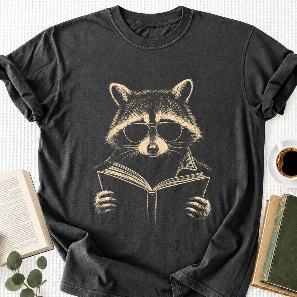 Raccoon Reading Book Softstyle T-Shirt | Book Lover Gift Dark Heather