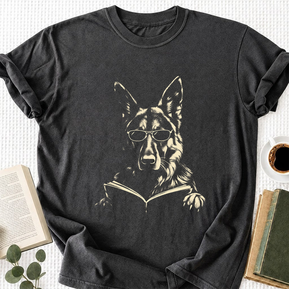 German Shepherd Reading Book Softstyle T-Shirt | Book Lover Gift Dark Heather