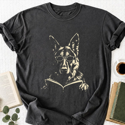 German Shepherd Reading Book Softstyle T-Shirt | Book Lover Gift Dark Heather