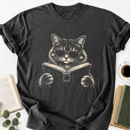 Cat Reading Book Softstyle T-Shirt | Book Lover Gift Dark Heather