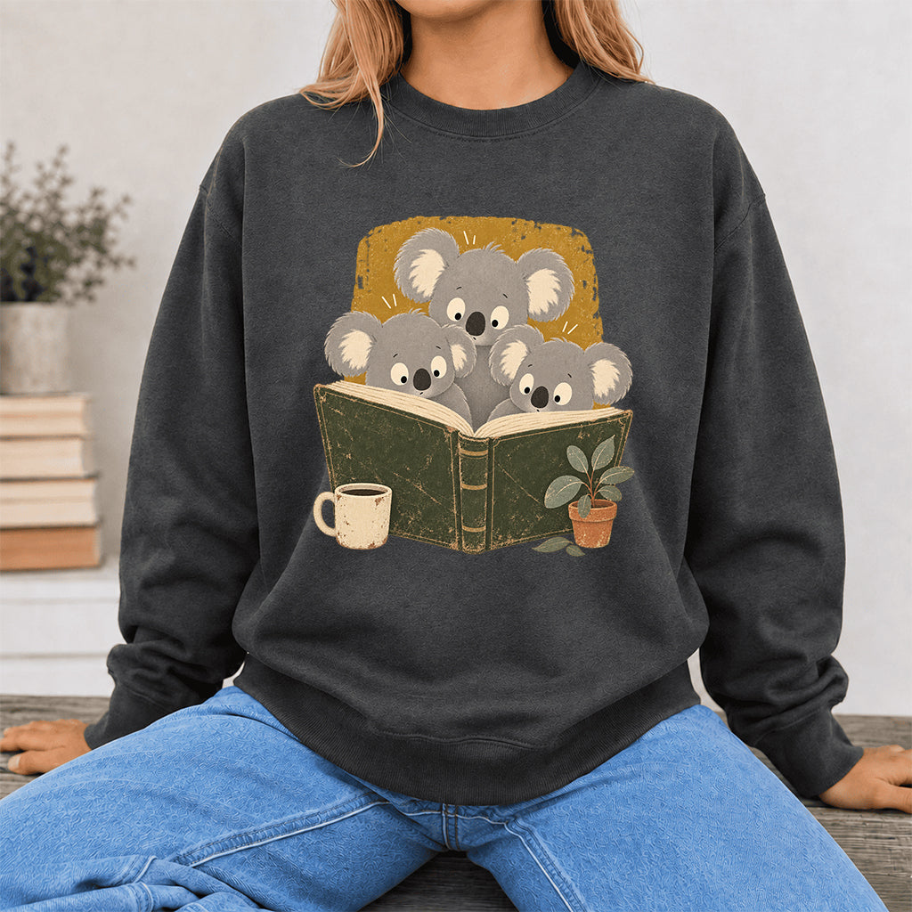 Minimal Japanese Koalas Reading Crewneck Sweatshirt | Reader Gift Dark Heather