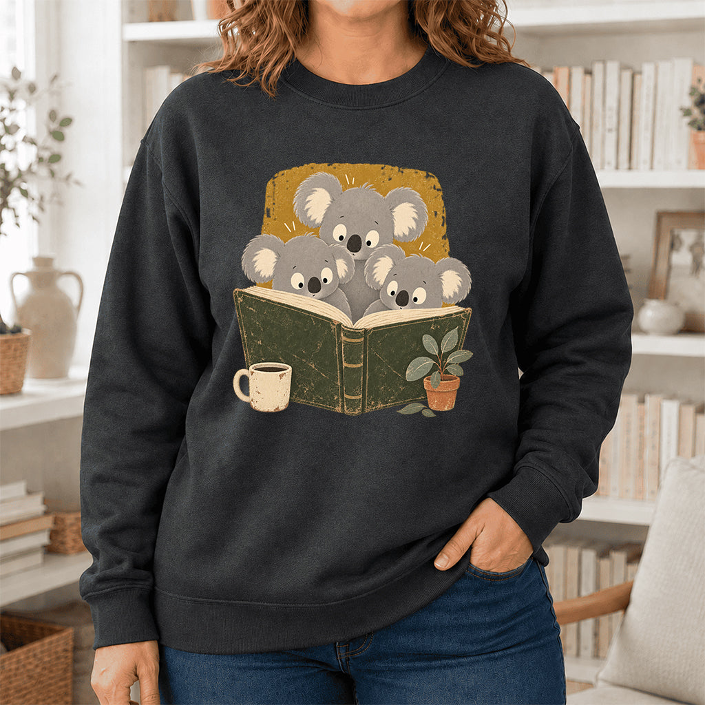Minimal Japanese Koalas Reading Crewneck Sweatshirt | Reader Gift Dark Heather
