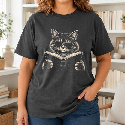 Cat Reading Book Softstyle T-Shirt | Book Lover Gift Dark Heather
