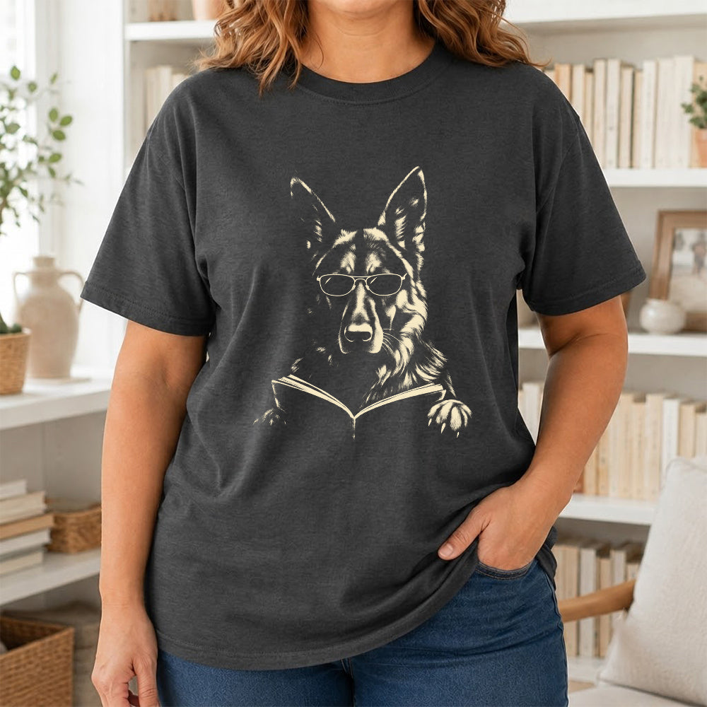 German Shepherd Reading Book Softstyle T-Shirt | Book Lover Gift Dark Heather
