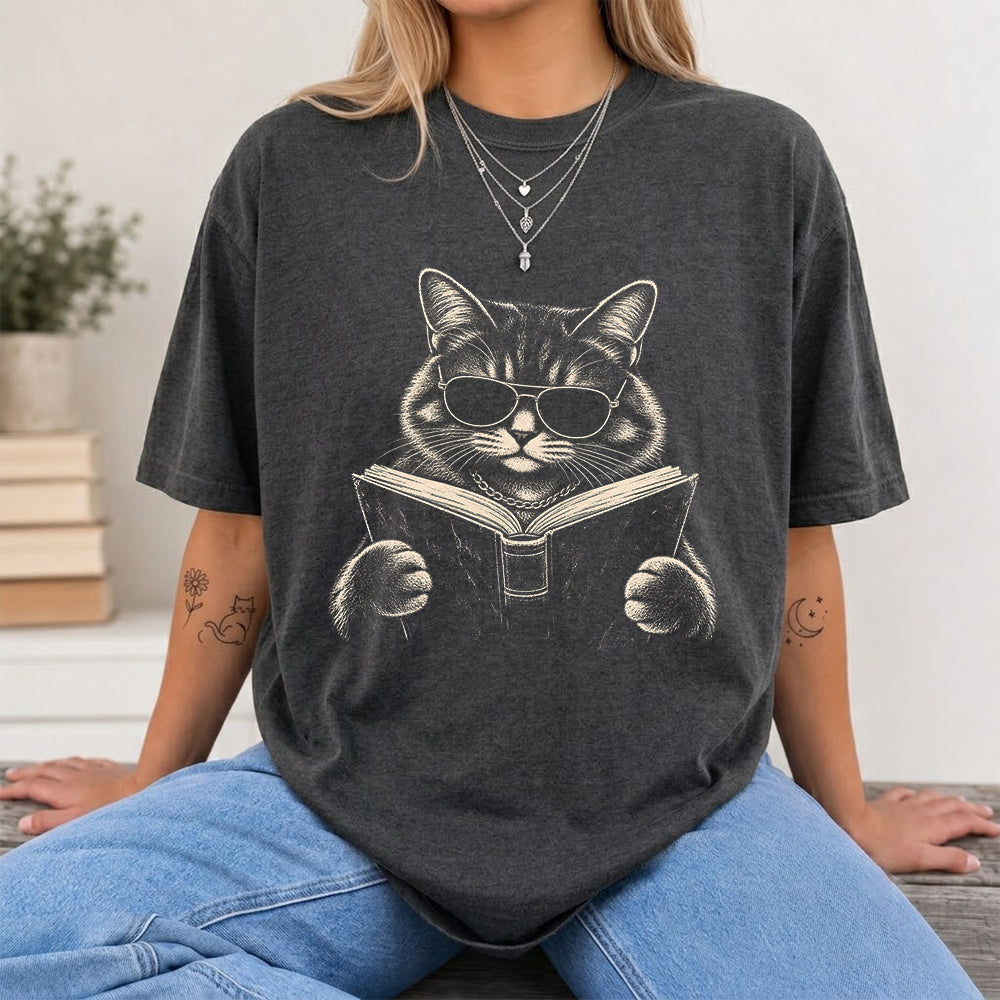 Cat Reading Book Softstyle T-Shirt | Book Lover Gift Dark Heather