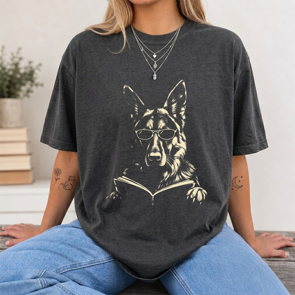 German Shepherd Reading Book Softstyle T-Shirt | Book Lover Gift Dark Heather