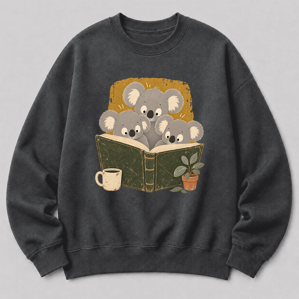 Minimal Japanese Koalas Reading Crewneck Sweatshirt | Reader Gift Dark Heather