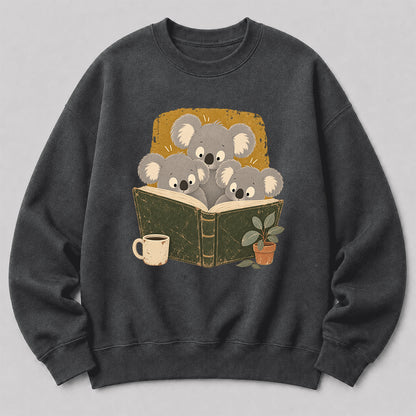Minimal Japanese Koalas Reading Crewneck Sweatshirt | Reader Gift Dark Heather