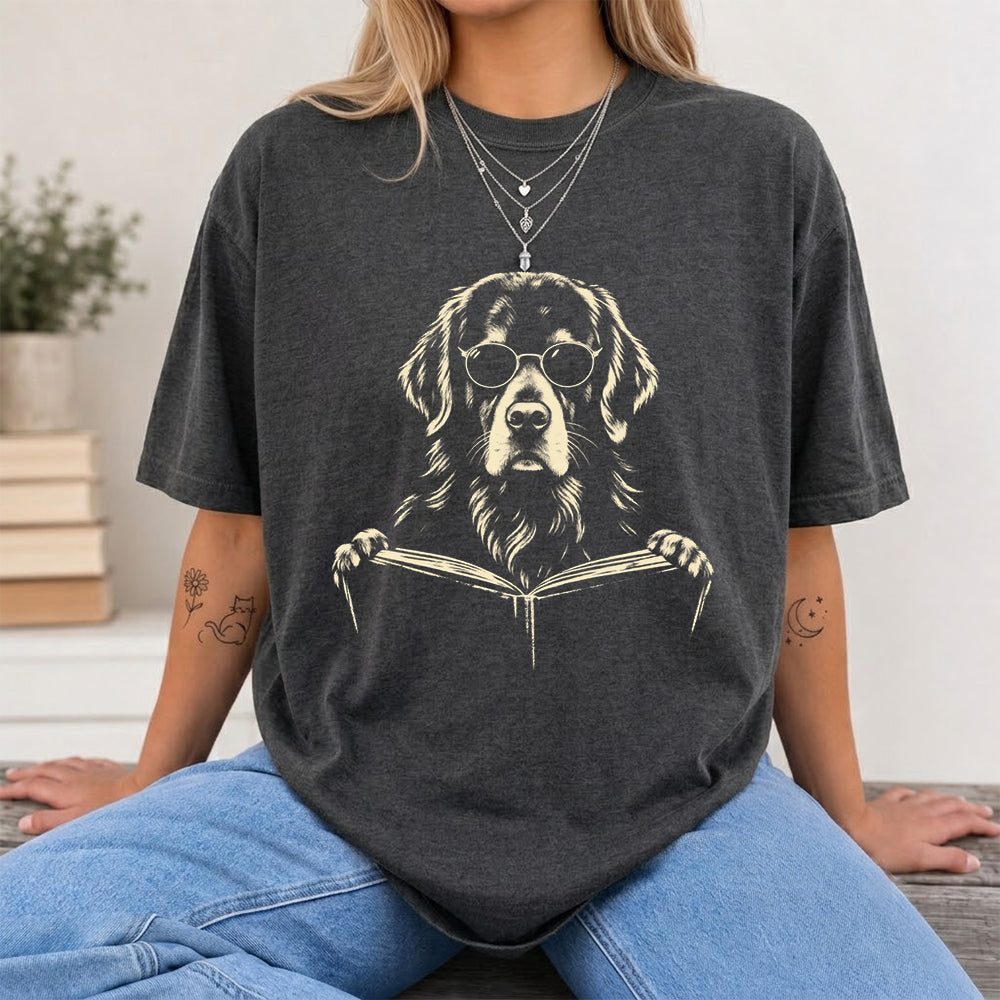 Golden Retriever Reading Book Softstyle T-Shirt | Book Lover Gift Dark Heather