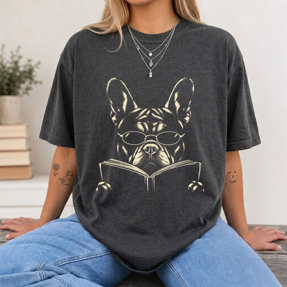 French Bulldog Reading Book Softstyle T-Shirt | Book Lover Gift Dark Heather