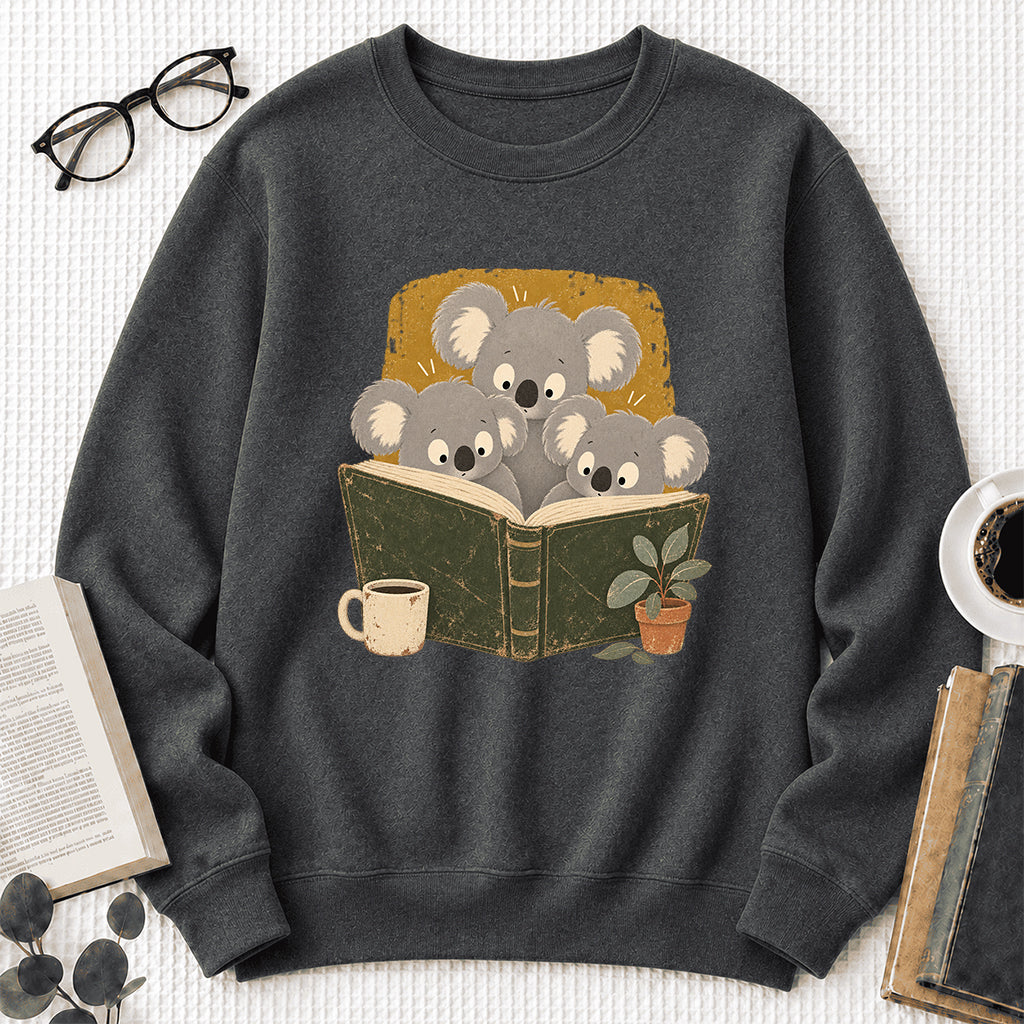 Minimal Japanese Koalas Reading Crewneck Sweatshirt | Reader Gift Dark Heather
