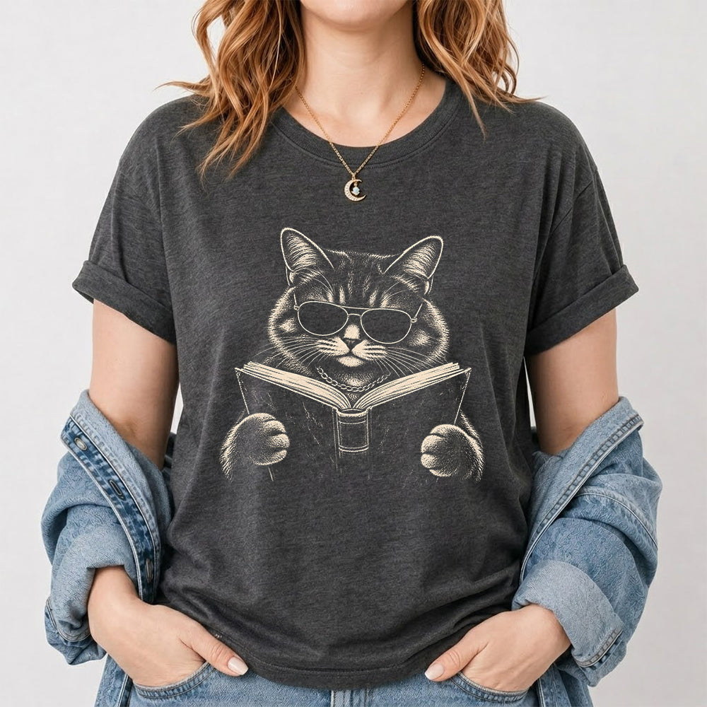 Cat Reading Book Softstyle T-Shirt | Book Lover Gift Dark Heather