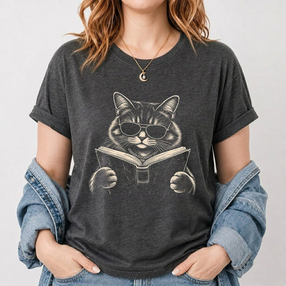 Cat Reading Book Softstyle T-Shirt | Book Lover Gift Dark Heather
