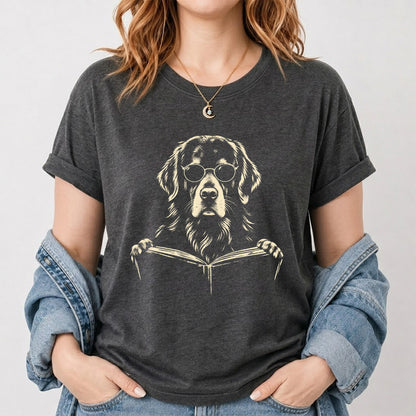 Golden Retriever Reading Book Softstyle T-Shirt | Book Lover Gift Dark Heather