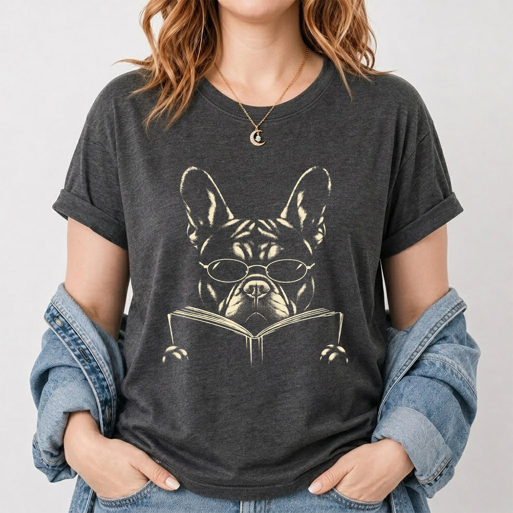 French Bulldog Reading Book Softstyle T-Shirt | Book Lover Gift Dark Heather