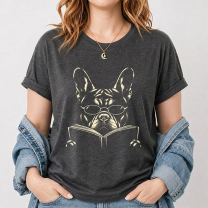 French Bulldog Reading Book Softstyle T-Shirt | Book Lover Gift Dark Heather