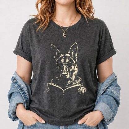 German Shepherd Reading Book Softstyle T-Shirt | Book Lover Gift Dark Heather