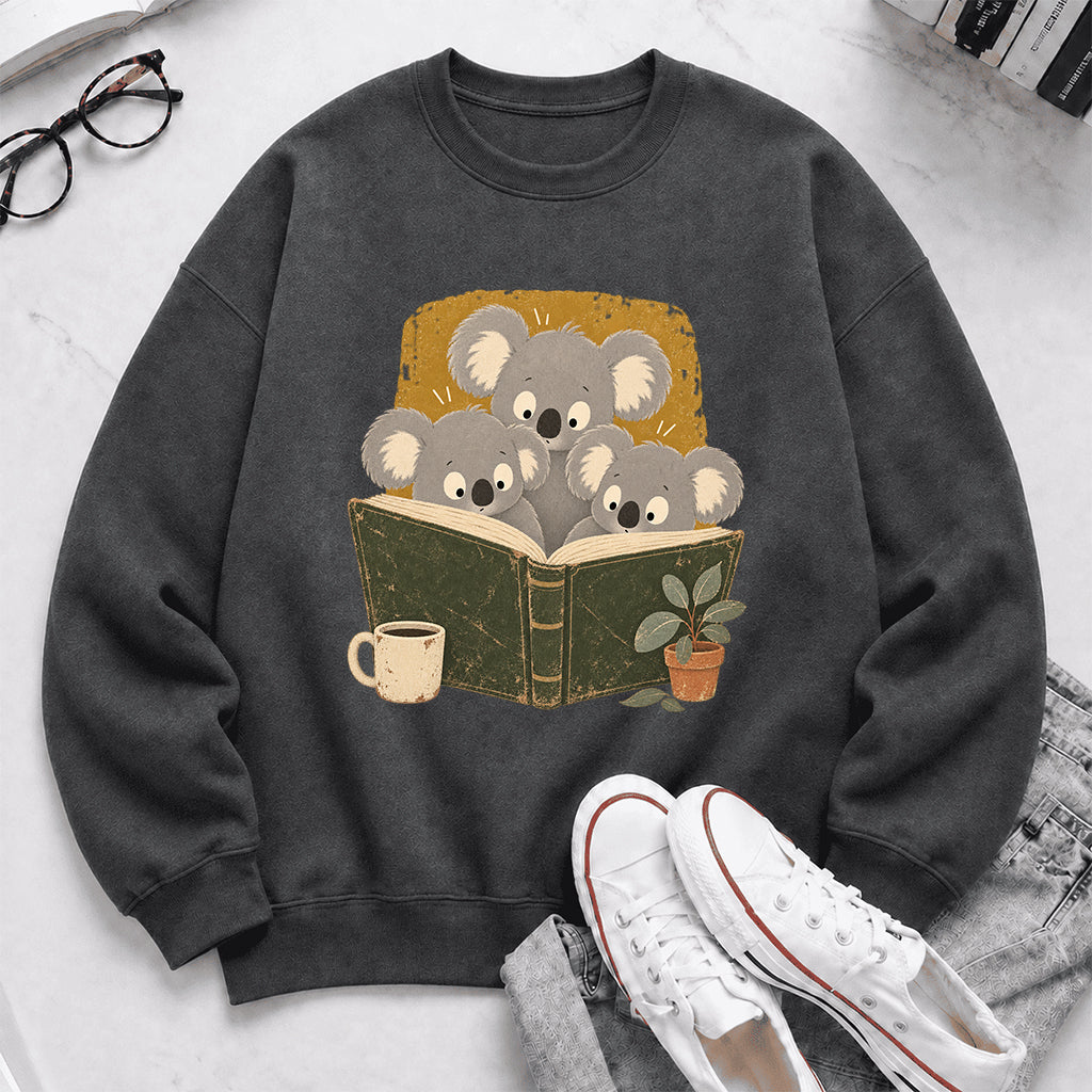 Minimal Japanese Koalas Reading Crewneck Sweatshirt | Reader Gift Dark Heather