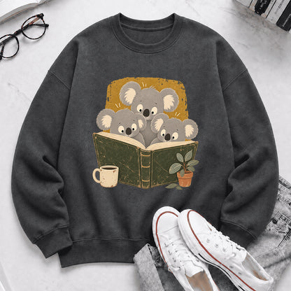 Minimal Japanese Koalas Reading Crewneck Sweatshirt | Reader Gift Dark Heather