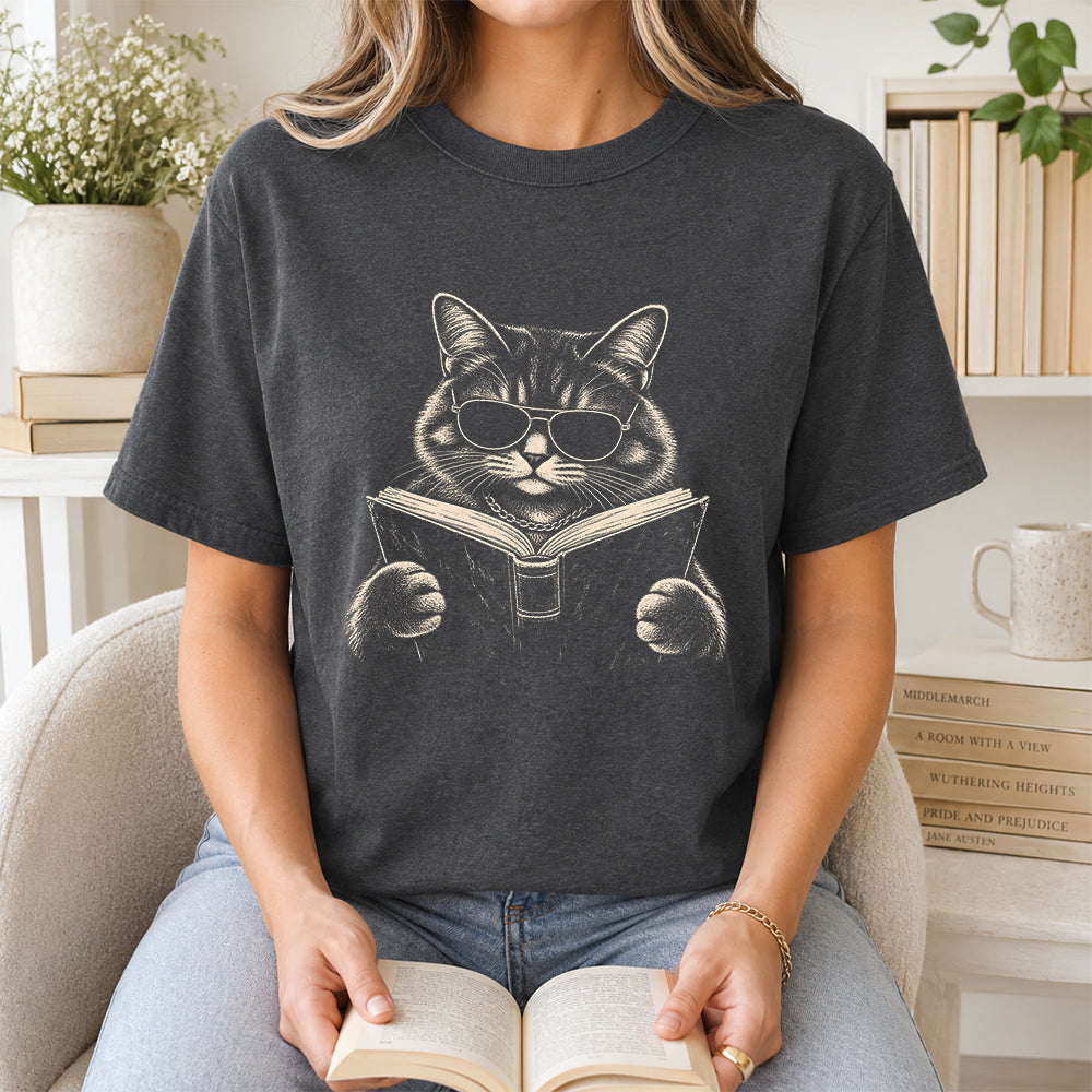 Cat Reading Book Softstyle T-Shirt | Book Lover Gift Dark Heather