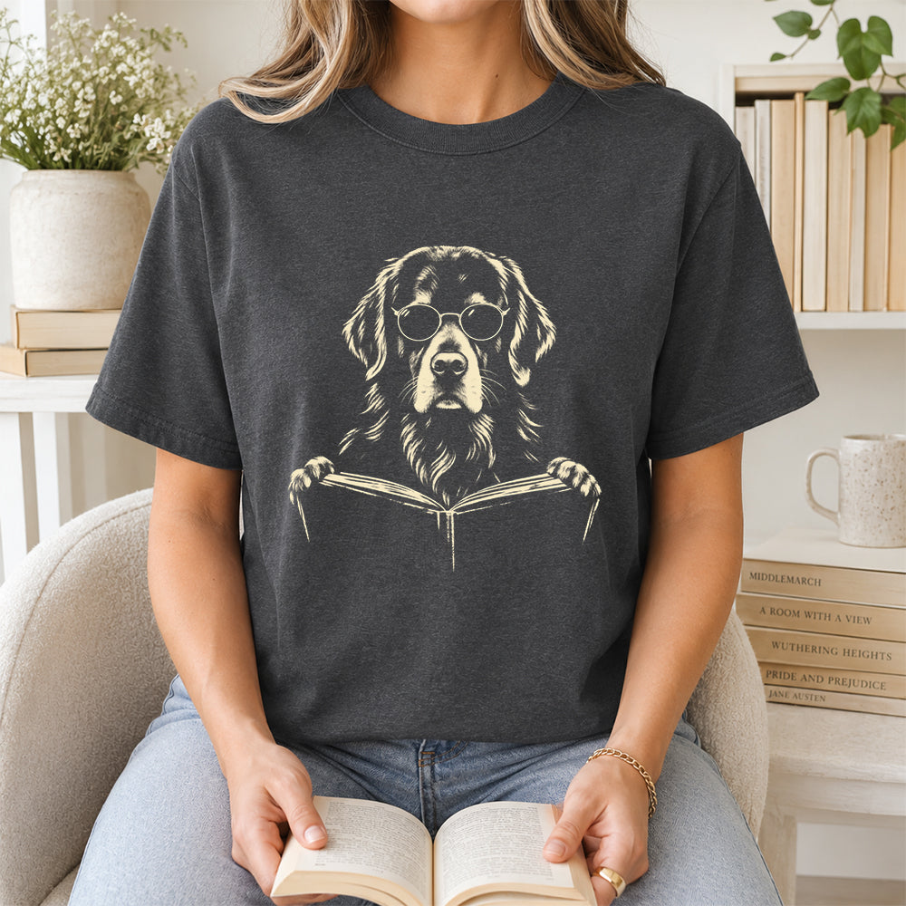 Golden Retriever Reading Book Softstyle T-Shirt | Book Lover Gift Dark Heather