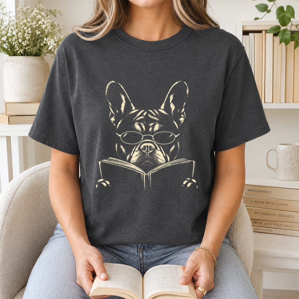 French Bulldog Reading Book Softstyle T-Shirt | Book Lover Gift Dark Heather
