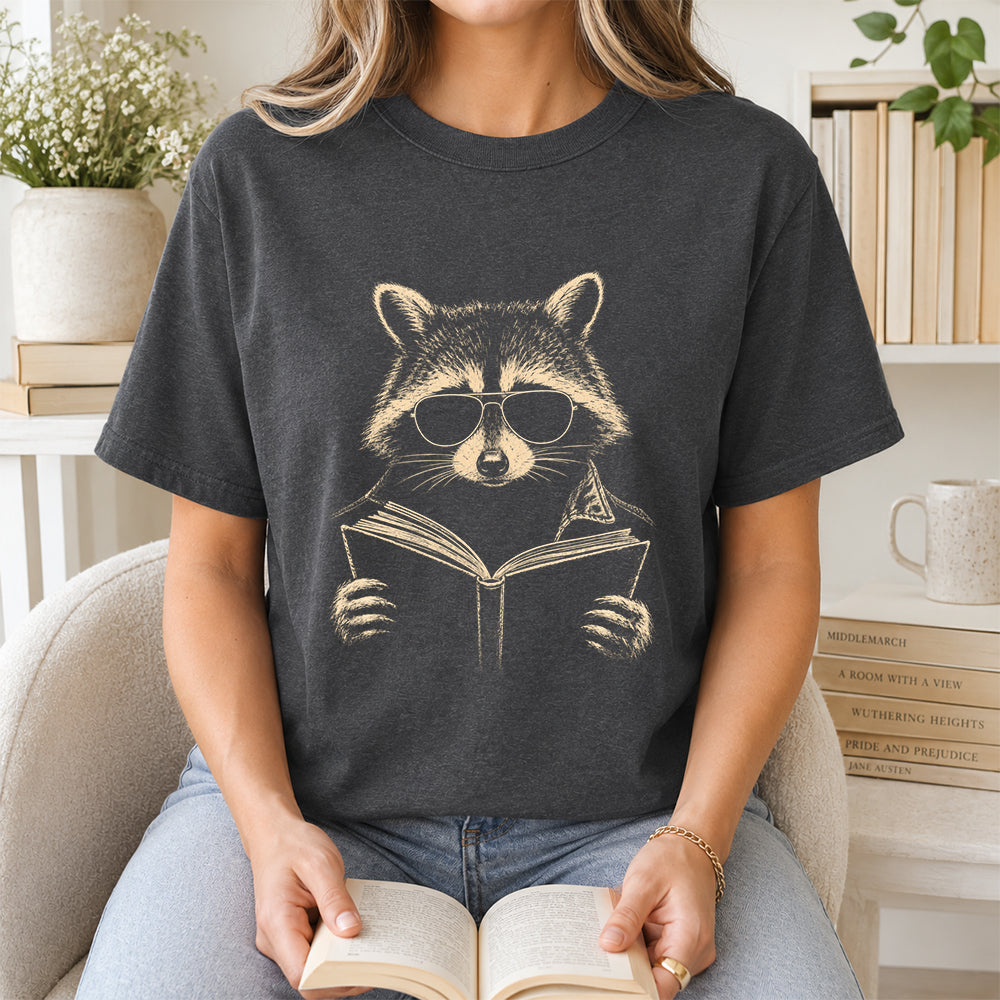 Raccoon Reading Book Softstyle T-Shirt | Book Lover Gift Dark Heather