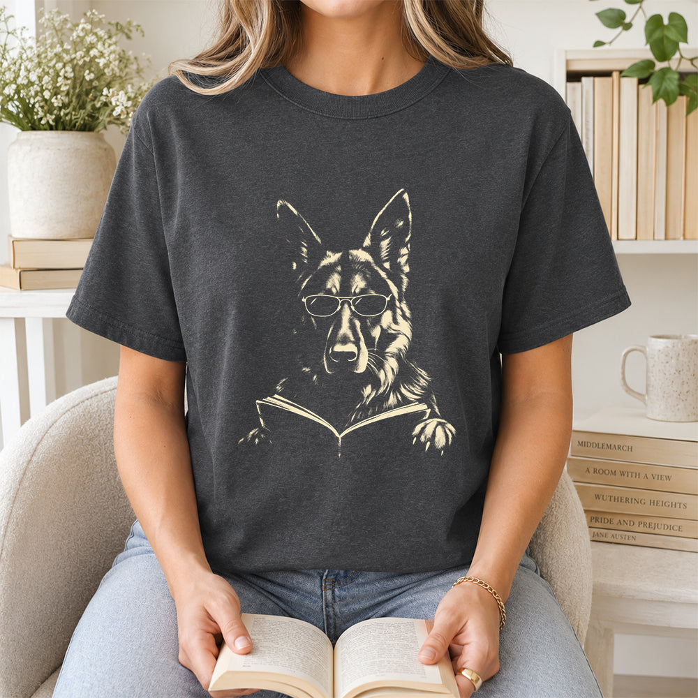 German Shepherd Reading Book Softstyle T-Shirt | Book Lover Gift Dark Heather
