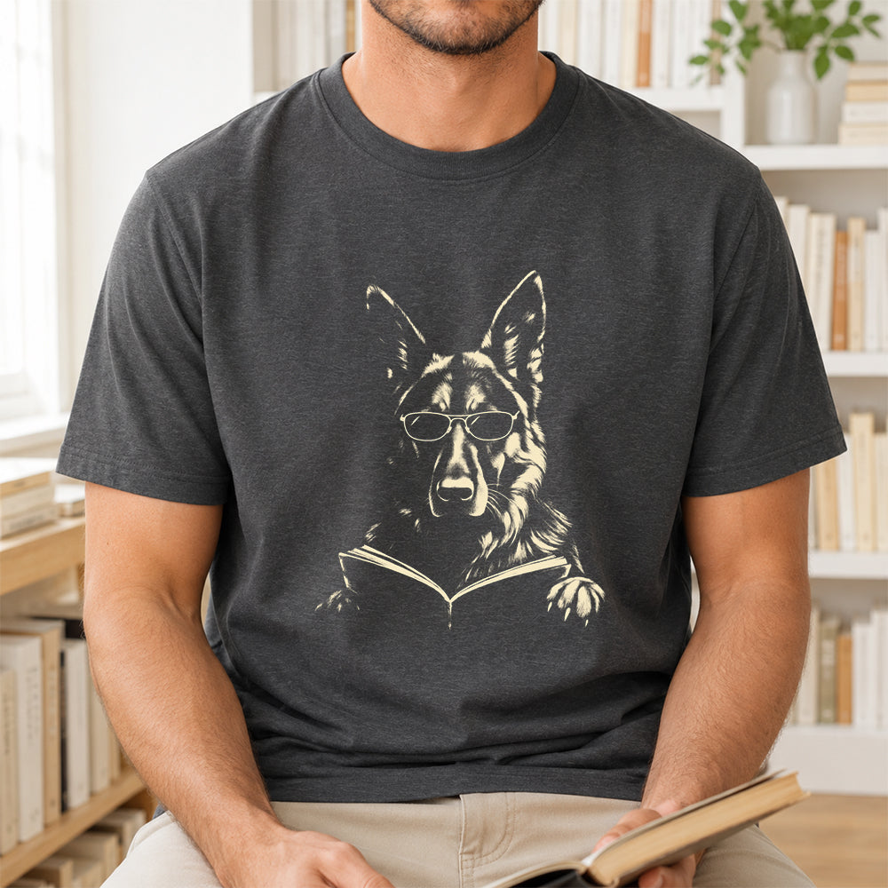 German Shepherd Reading Book Softstyle T-Shirt | Book Lover Gift Dark Heather