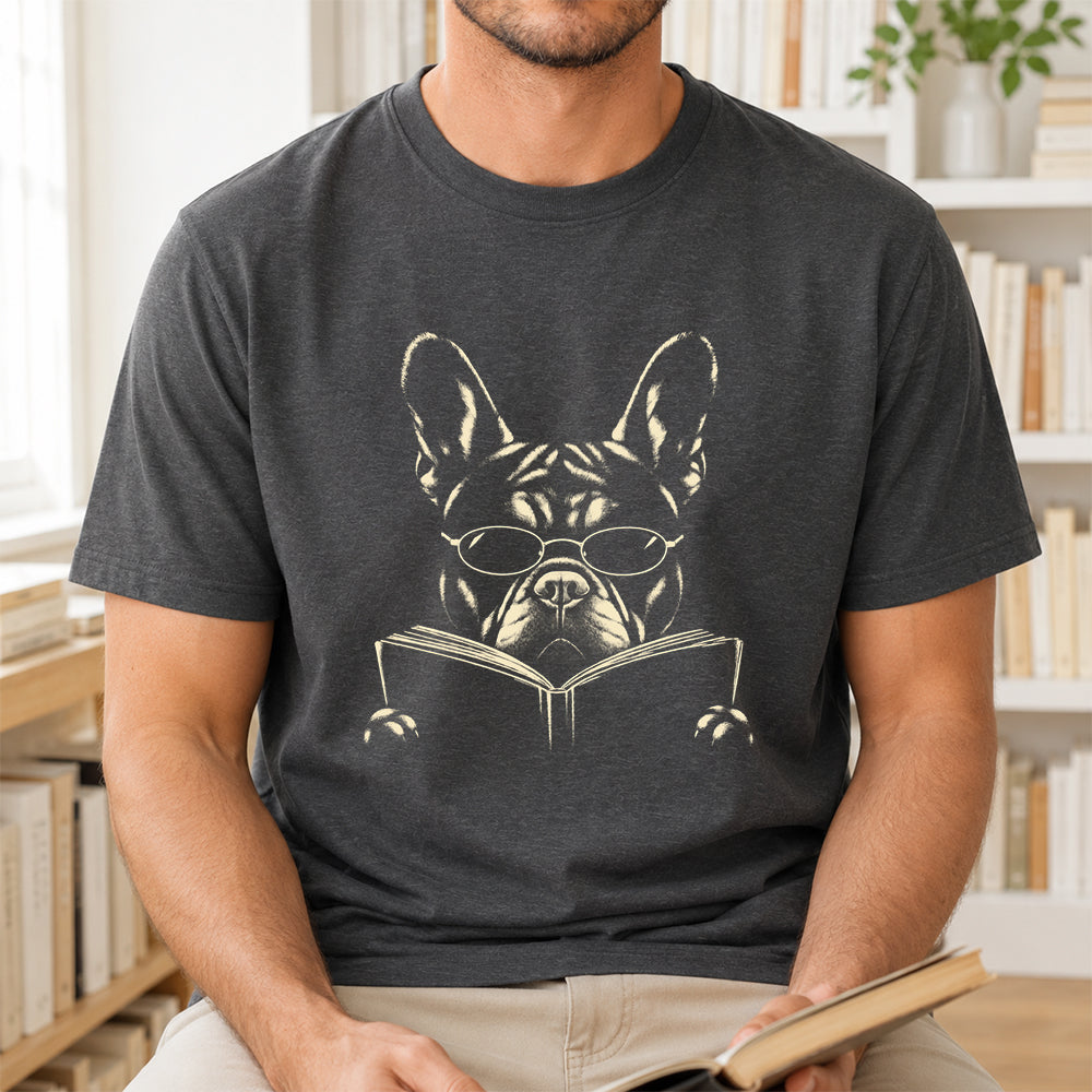 French Bulldog Reading Book Softstyle T-Shirt | Book Lover Gift Dark Heather