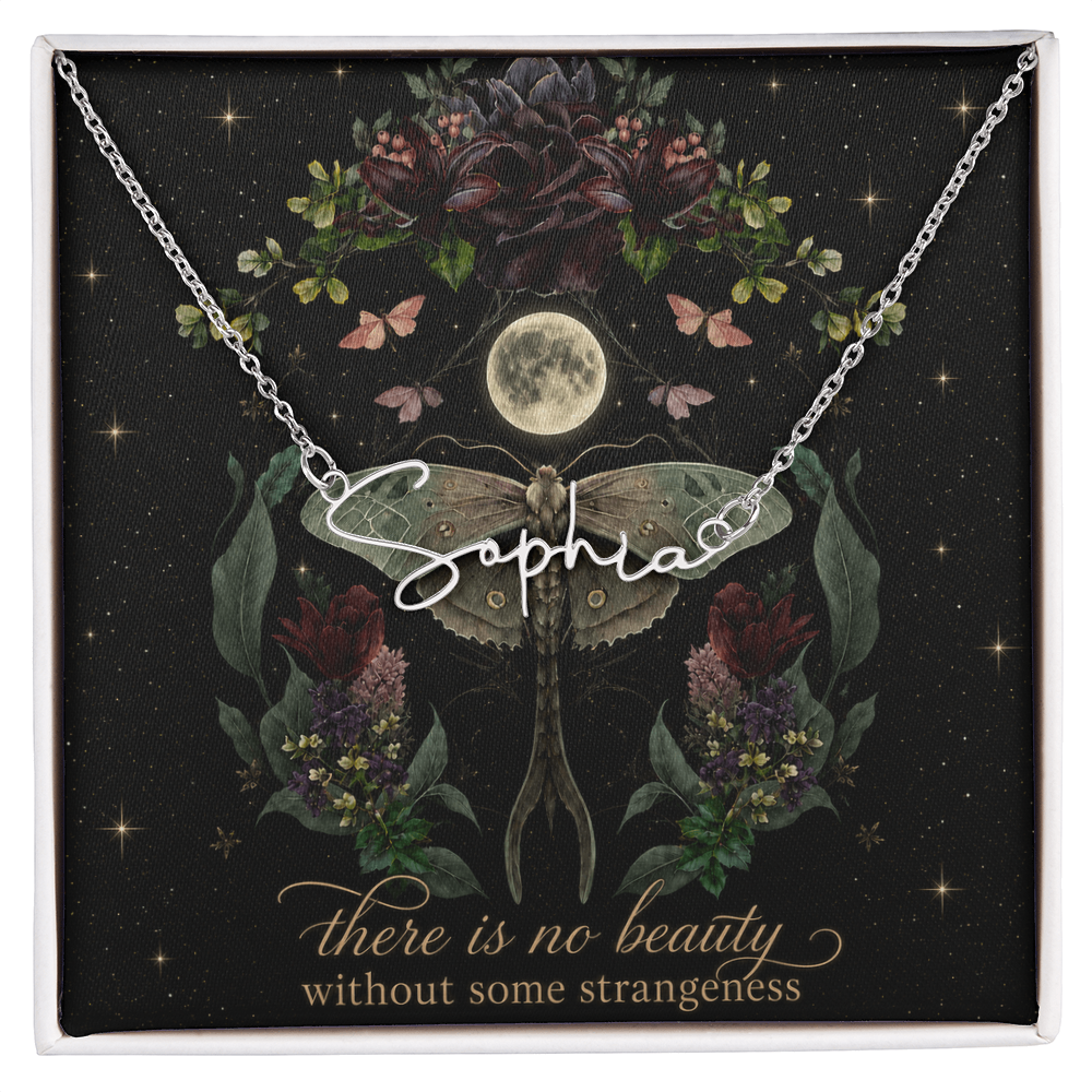 Night Garden With Lunar Moth Custom Name Polished Stainless Steel Necklace With Decorative Card And Box Book Lover Gift Font 2