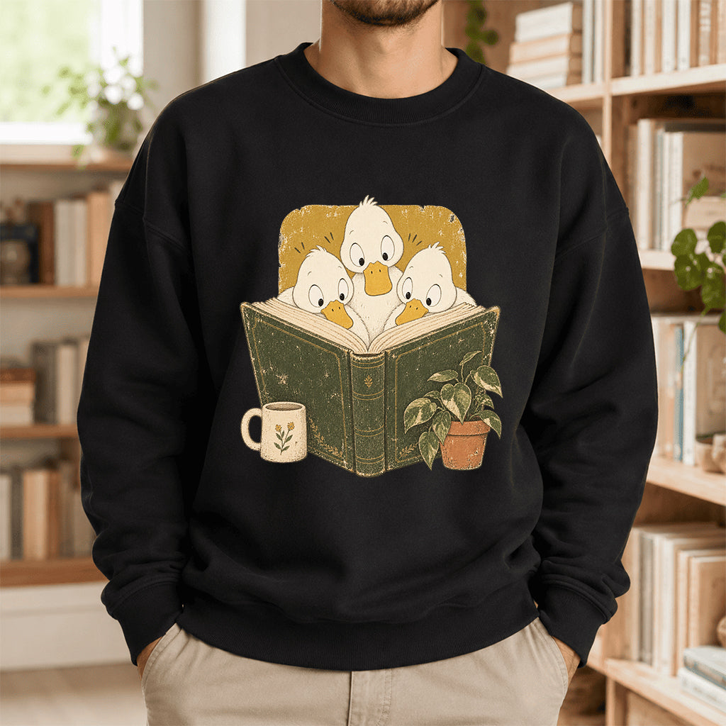 Minimal Japanese Ducks Reading Crewneck Sweatshirt | Reader Gift Black