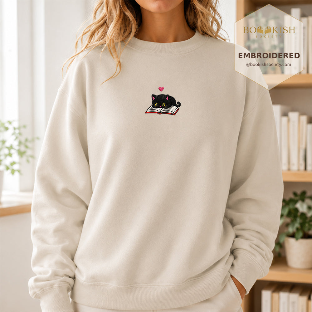 Black Cat and Book Embroidered Sweatshirt | Reader Gift Sand