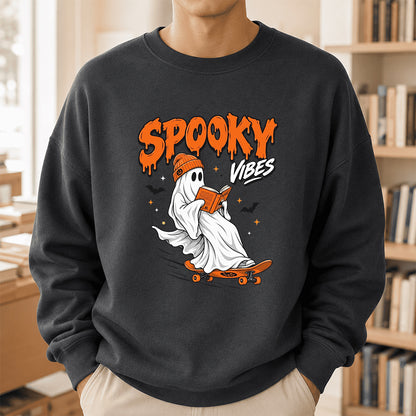 Spooky Vibes Printed Sweatshirt | Halloween Reader Gift Dark Heather