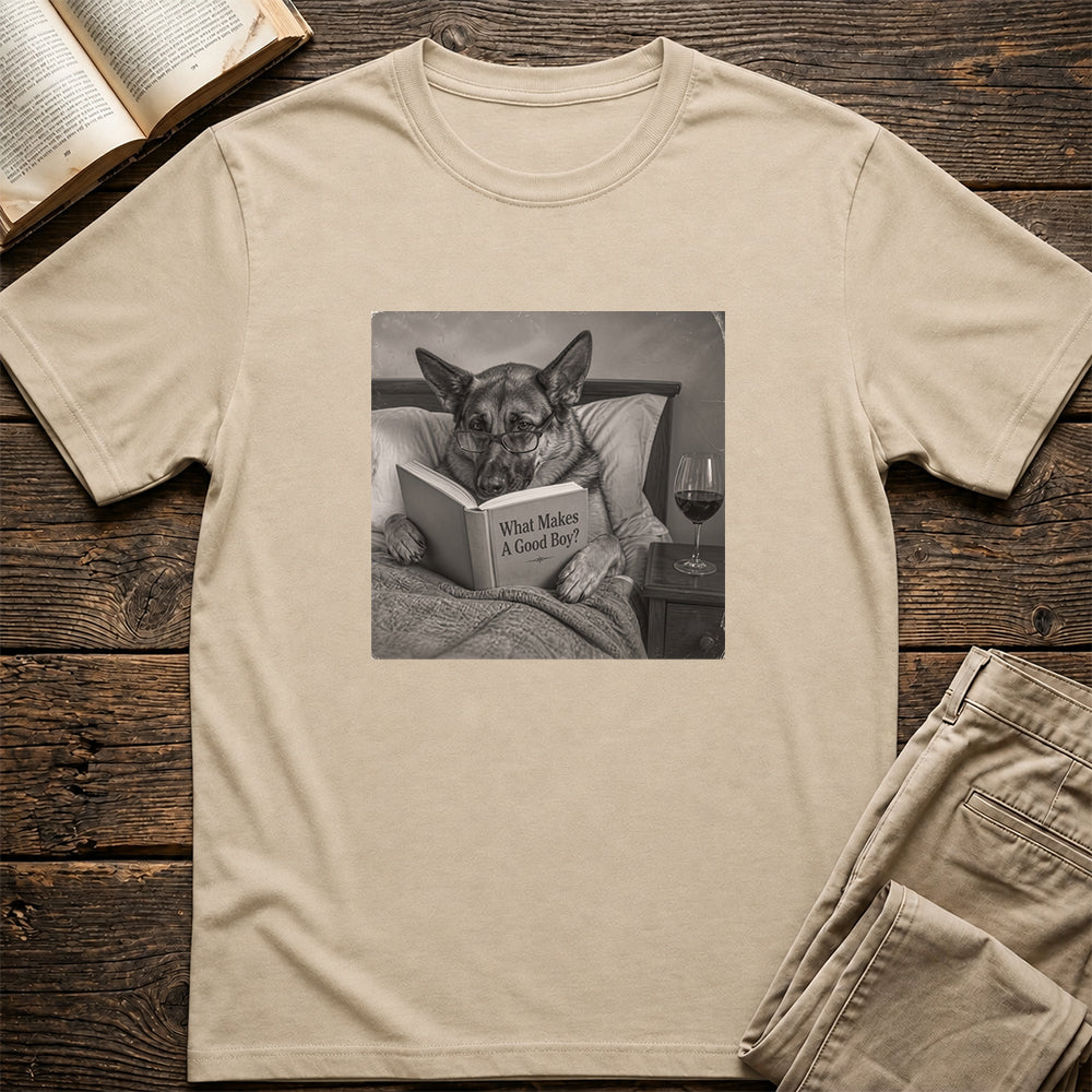 What Makes A Good Boy Printed T-Shirt | Cozy German Shepherd Mom Reader Gift Sand