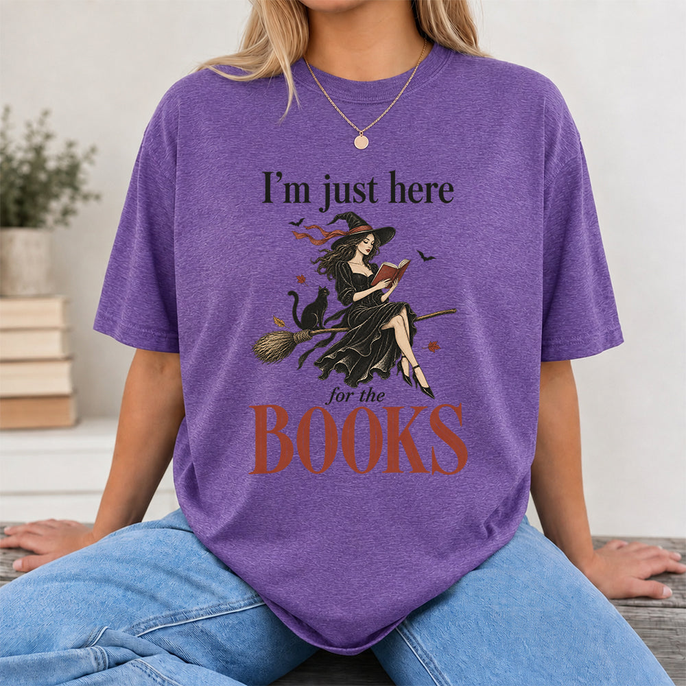I'M Just Here For The Books Printed T-Shirt | Halloween Book Lover Gift Heather Purple