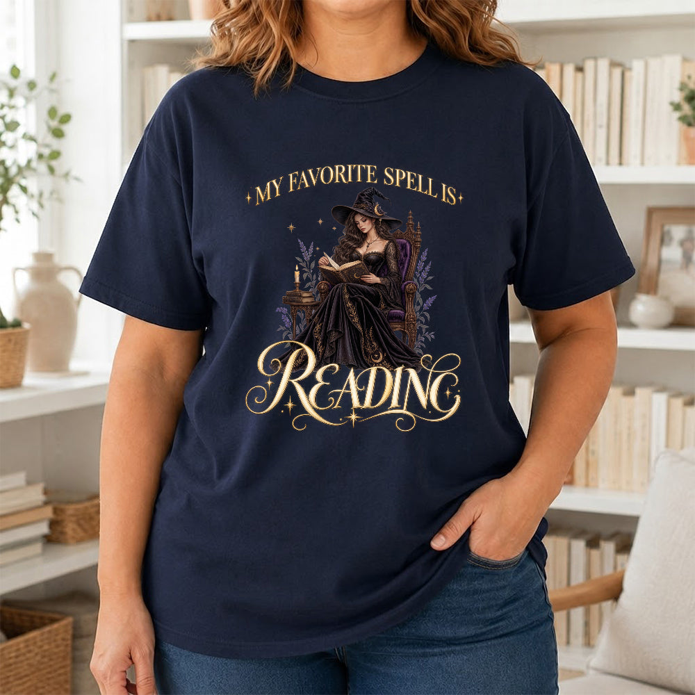 My Favorite Spell Is Reading Printed T-Shirt | Halloween Fantasy Book Lover Gift Navy