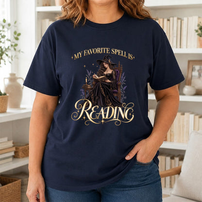 My Favorite Spell Is Reading Printed T-Shirt | Halloween Fantasy Book Lover Gift Navy