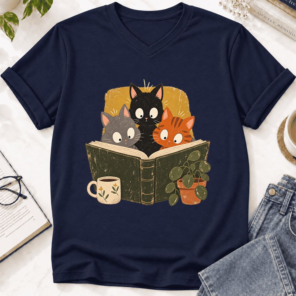 Curious Reading Cats Ultra-Soft V-Neck | Cat Lover Reader Gift Navy