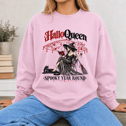 Halloqueen Spooky Year Round Printed Sweatshirt | Spooky Book Lover Gift Light Pink