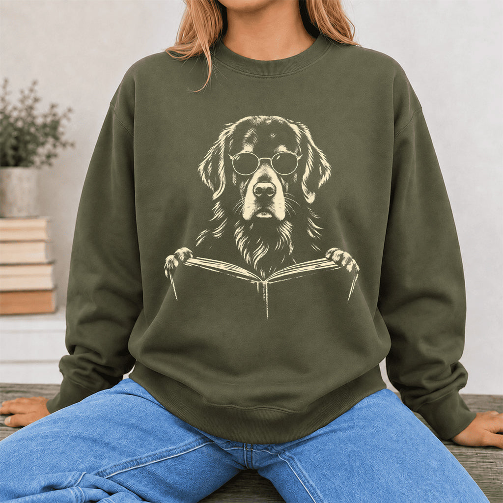 Golden Retriever Reading Book Crewneck Sweatshirt | Reader Gift Military Green