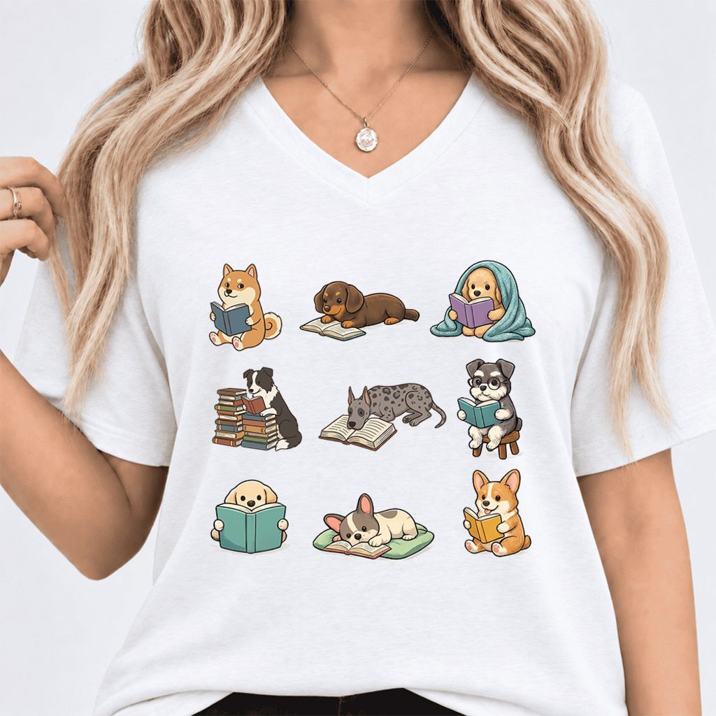 Funny Reading Dogs Ultra-Soft V-Neck | Dog Mom Reader Gift White