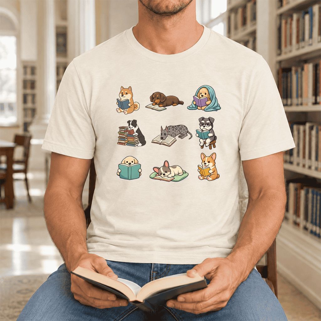 Funny Reading Dogs Ultra-Soft Cotton T-Shirt | Dog Mom Reader Gift Natural