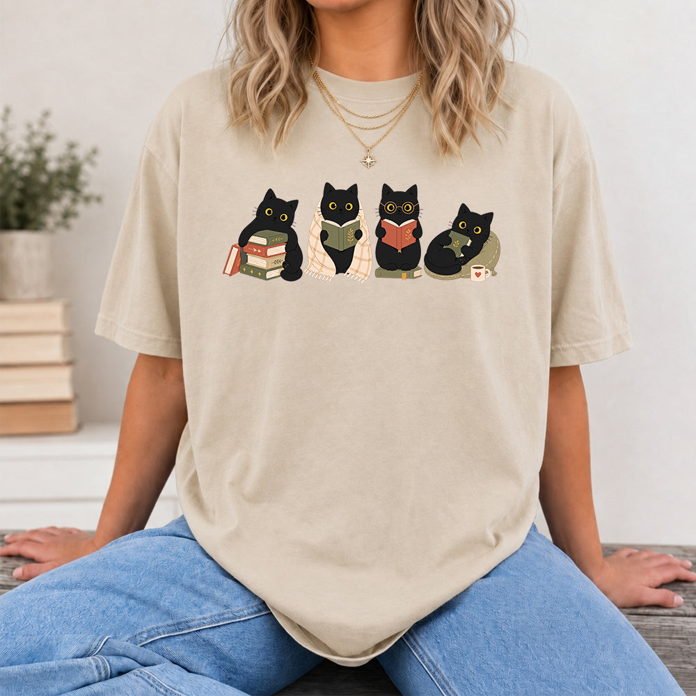 Black Cats Reading Softstyle T-Shirt | Book Lover Gift Sand