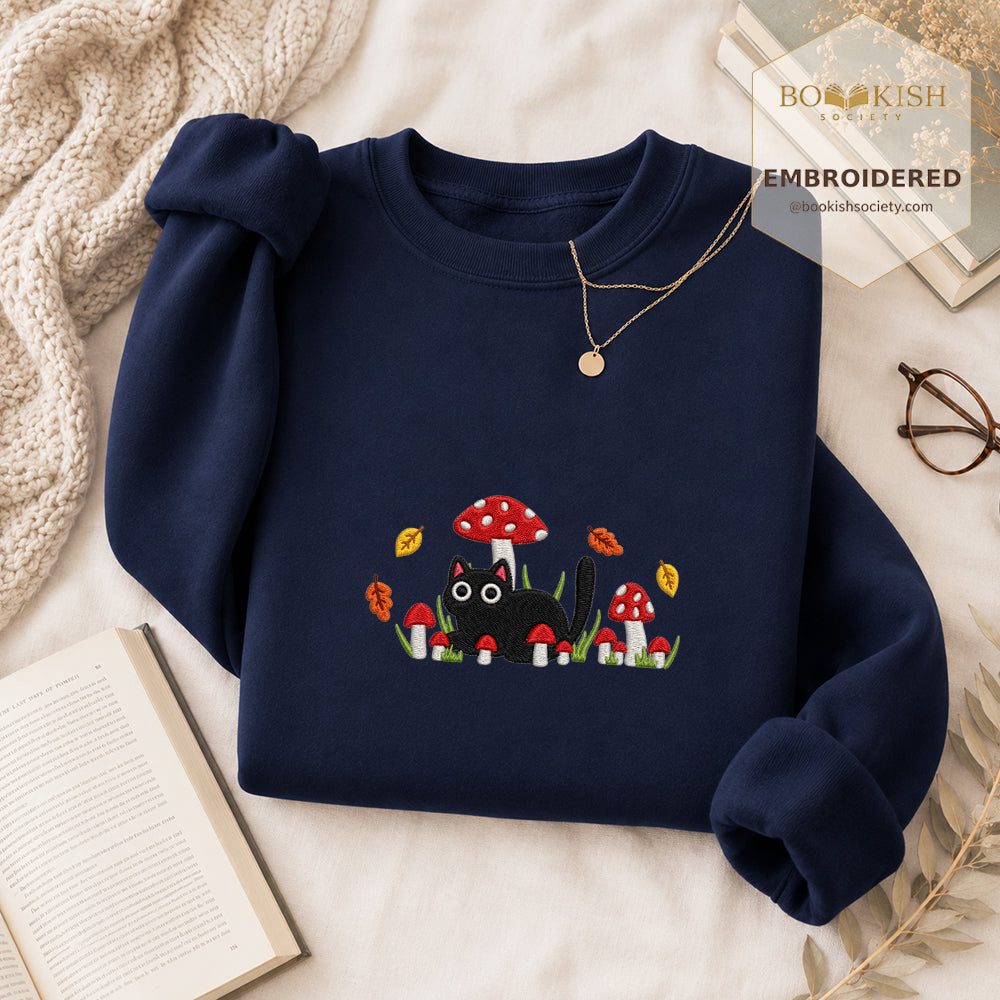 Mushroom Cat Embroidered Sweatshirt | Reader Gift Navy