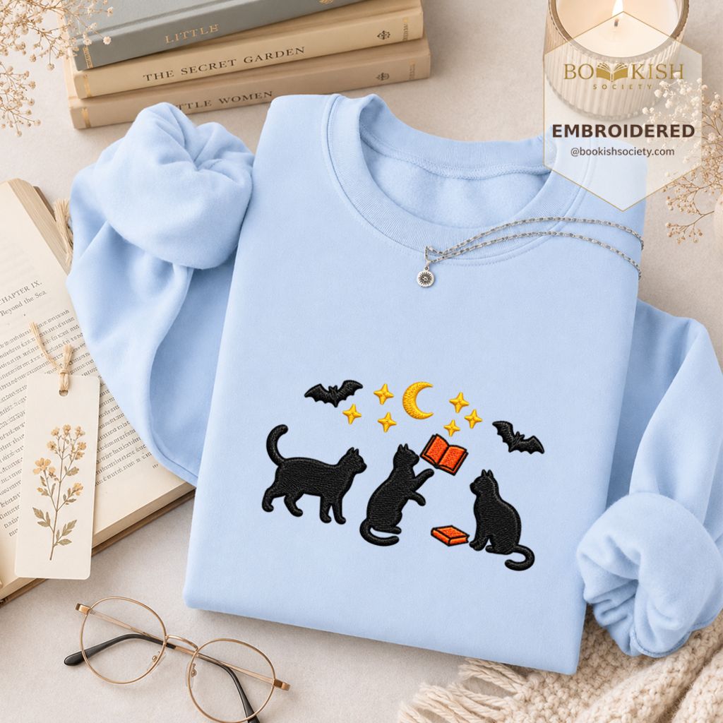 Black Cats With Books Embroidered Sweatshirt | Spooky Reader Gift Light Blue