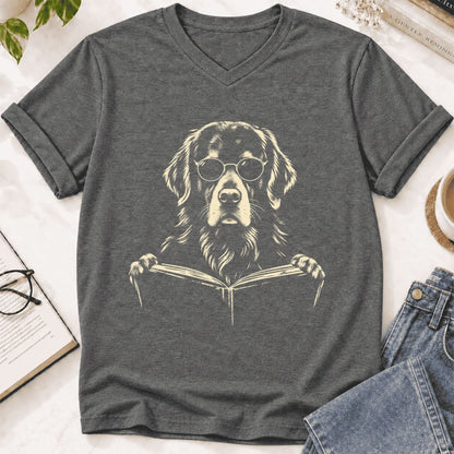 Golden Retriever Reading Book Ultra-Soft V-Neck | Dog Mom Reader Gift Deep Heather
