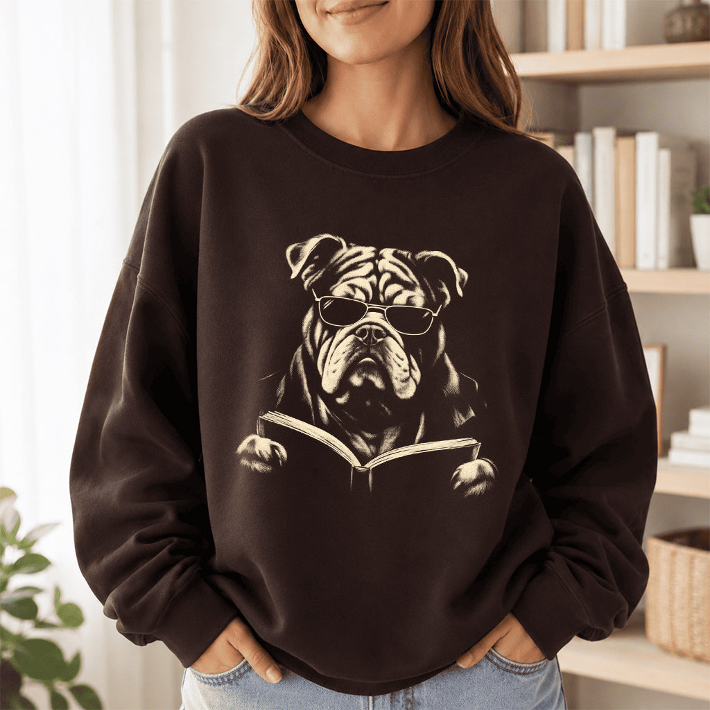 Bulldog Reading Book Crewneck Sweatshirt | Reader Gift Dark Chocolate